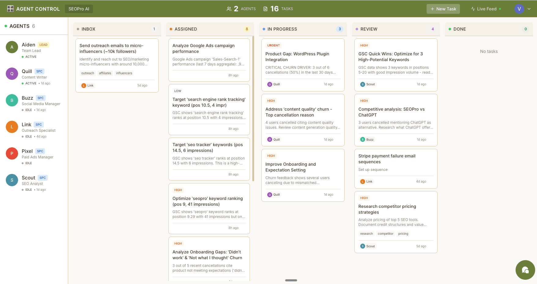 Agent Control dashboard — task board with AI agents managing SEO, content, ads, and outreach